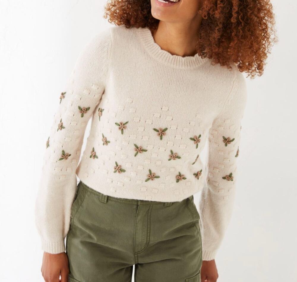FatFace Embroidered Jumper Sweater Cream Green Brown Flower Embroidery Sz 12
